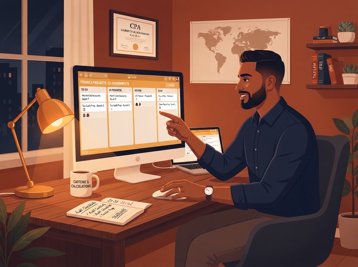 A Coloured South African man accountant assigning jobs and tracking who is responsible