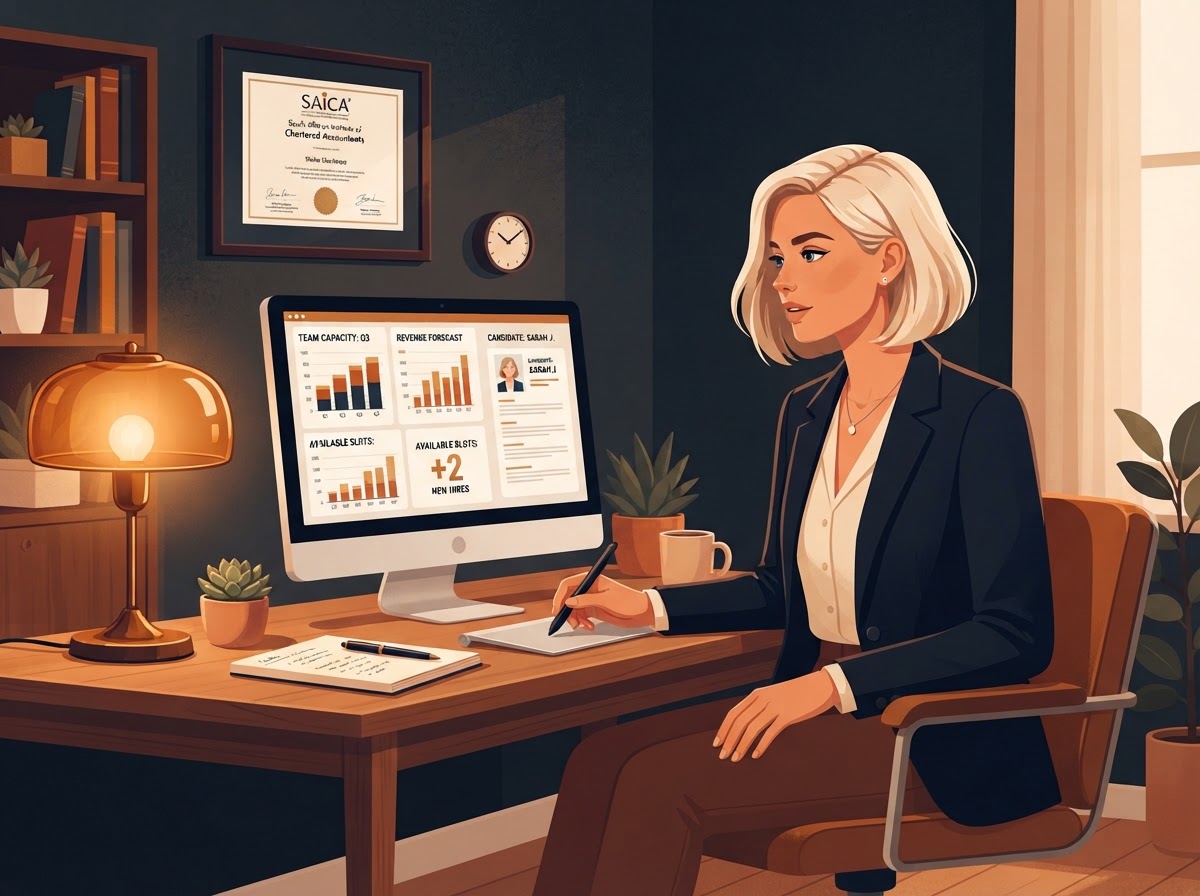 A White South African woman accountant making a hiring decision based on capacity data