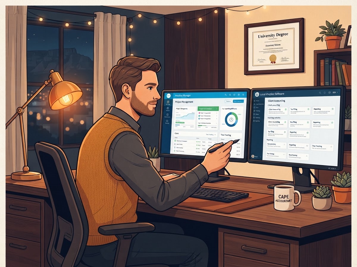 A White South African man accountant comparing Xero Practice Manager with local alternatives on two monitors