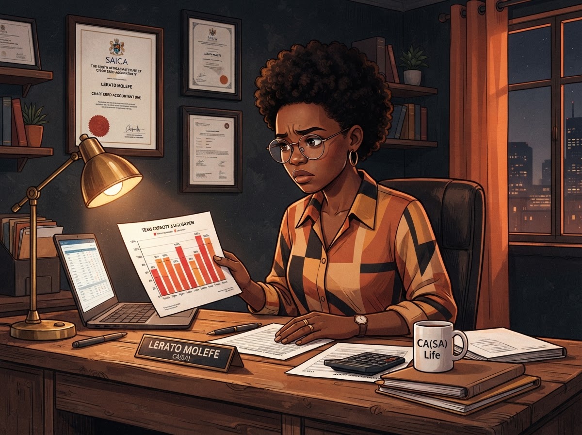 A South African accountant reviewing a team capacity chart showing overloaded staff