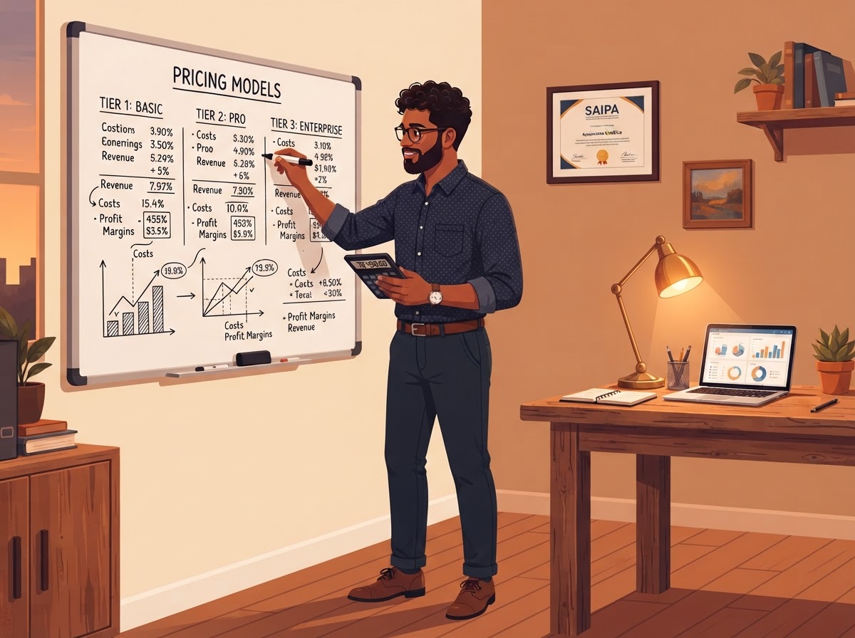 A Coloured South African man accountant comparing pricing models on a whiteboard with a calculator