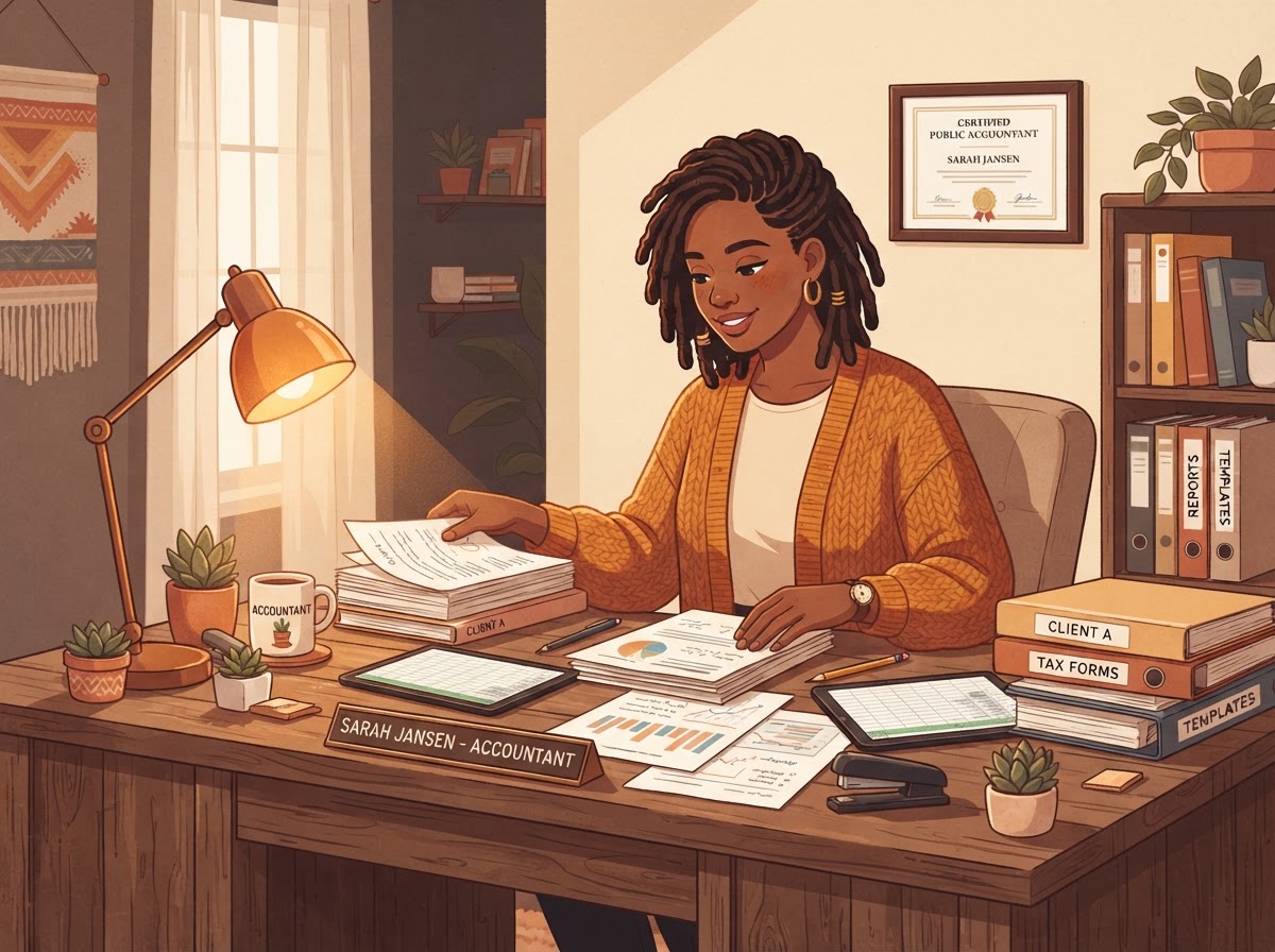 A mixed-race South African woman accountant organising client documents and templates at her desk