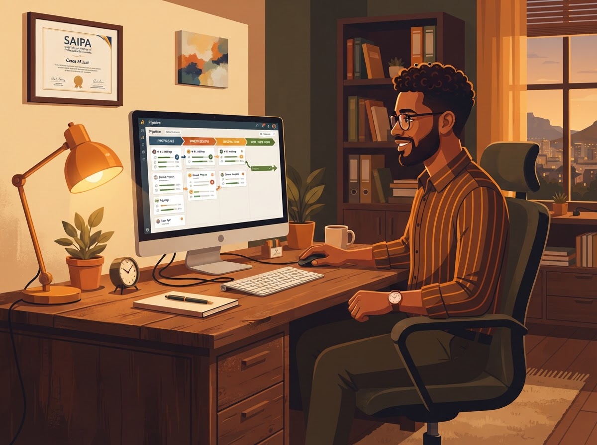 A Coloured South African man accountant tracking proposals and new work in a pipeline