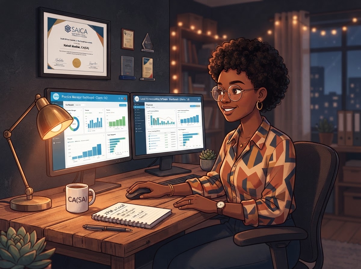A South African accountant comparing Xero Practice Manager with local alternatives on two monitors