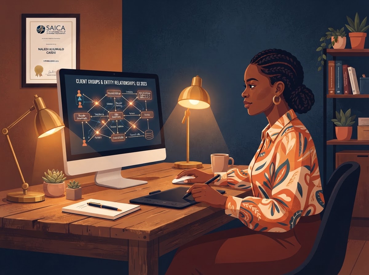 A Black South African woman accountant modelling client groups, trusts and subsidiaries