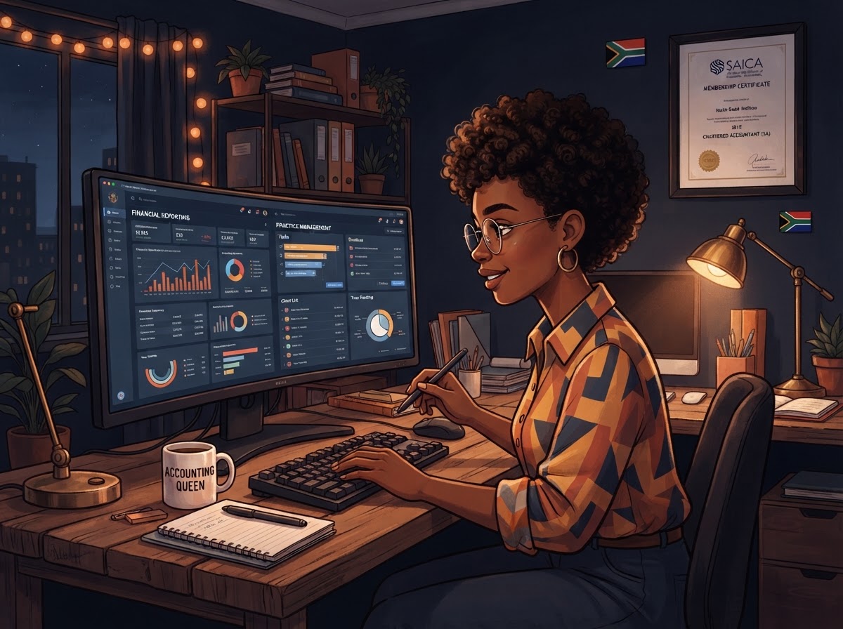 A South African accountant comparing two software dashboards side by side on her monitor