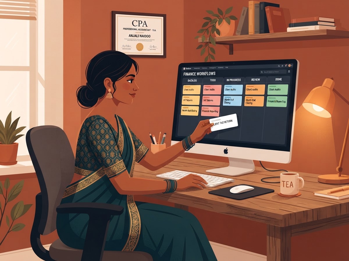 An Indian South African woman accountant moving jobs through standardised workflow stages