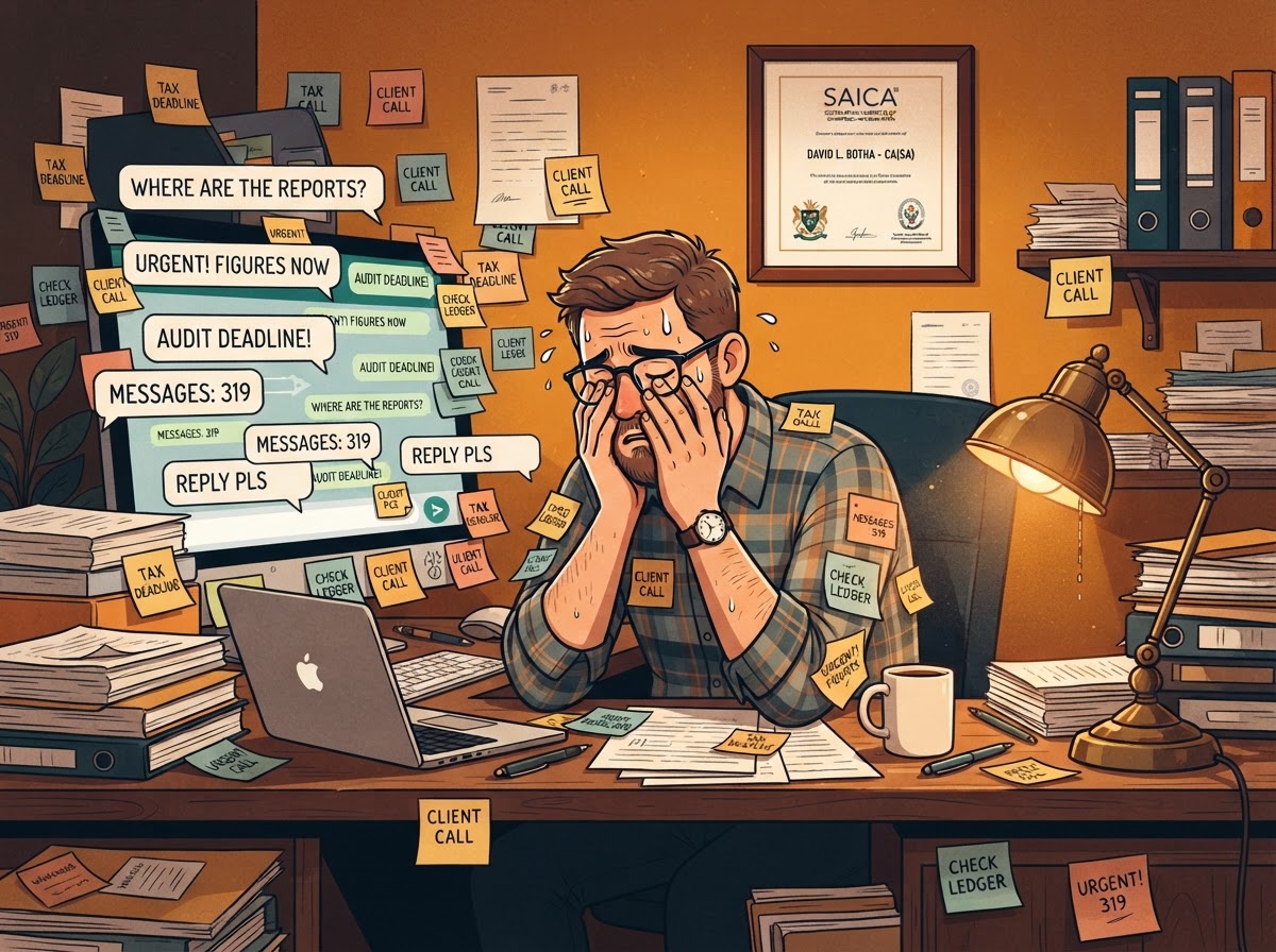 A White South African man accountant overwhelmed by endless WhatsApp chat notifications and sticky notes