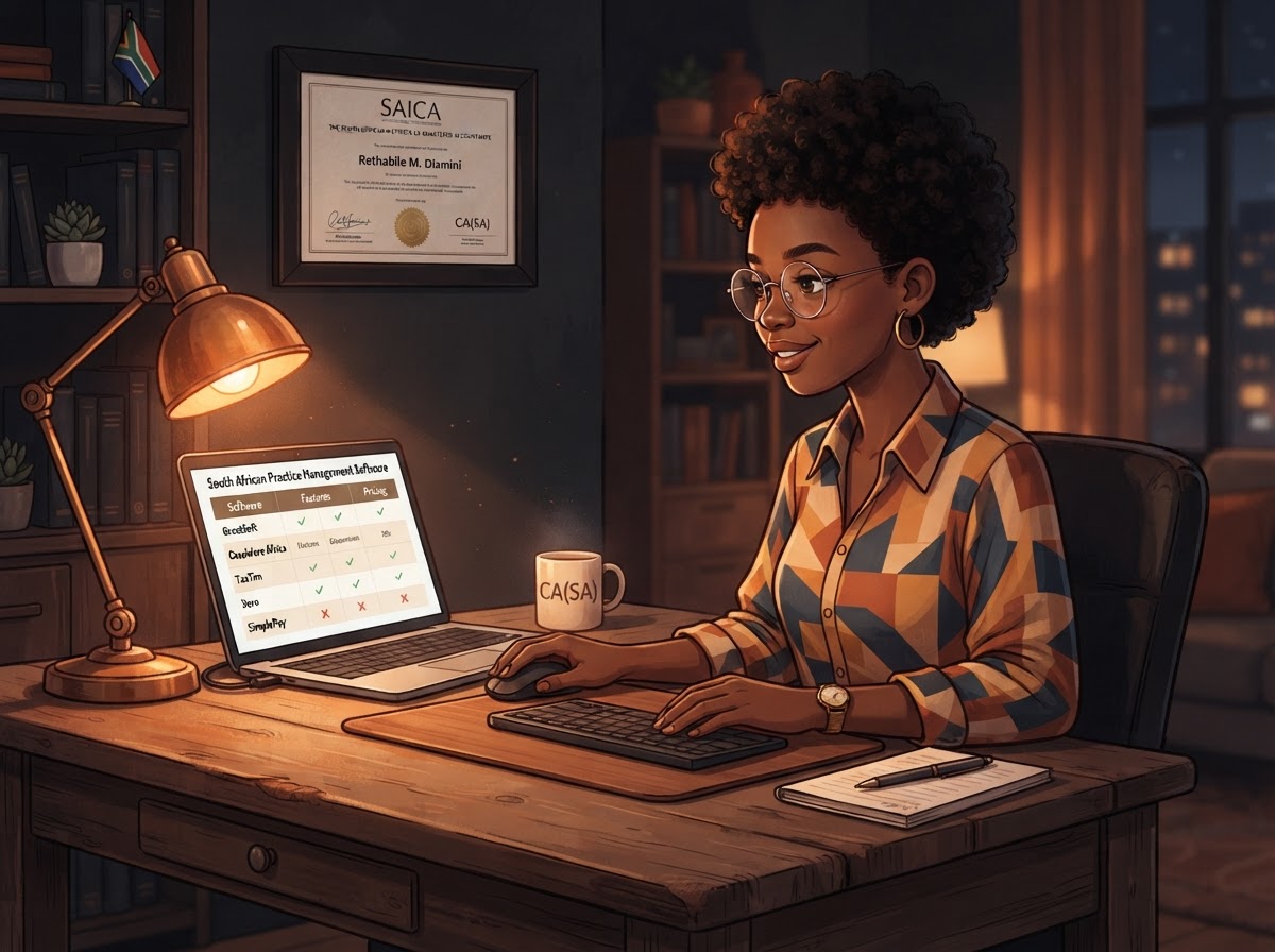 A South African accountant reviewing a comparison chart of practice management software options