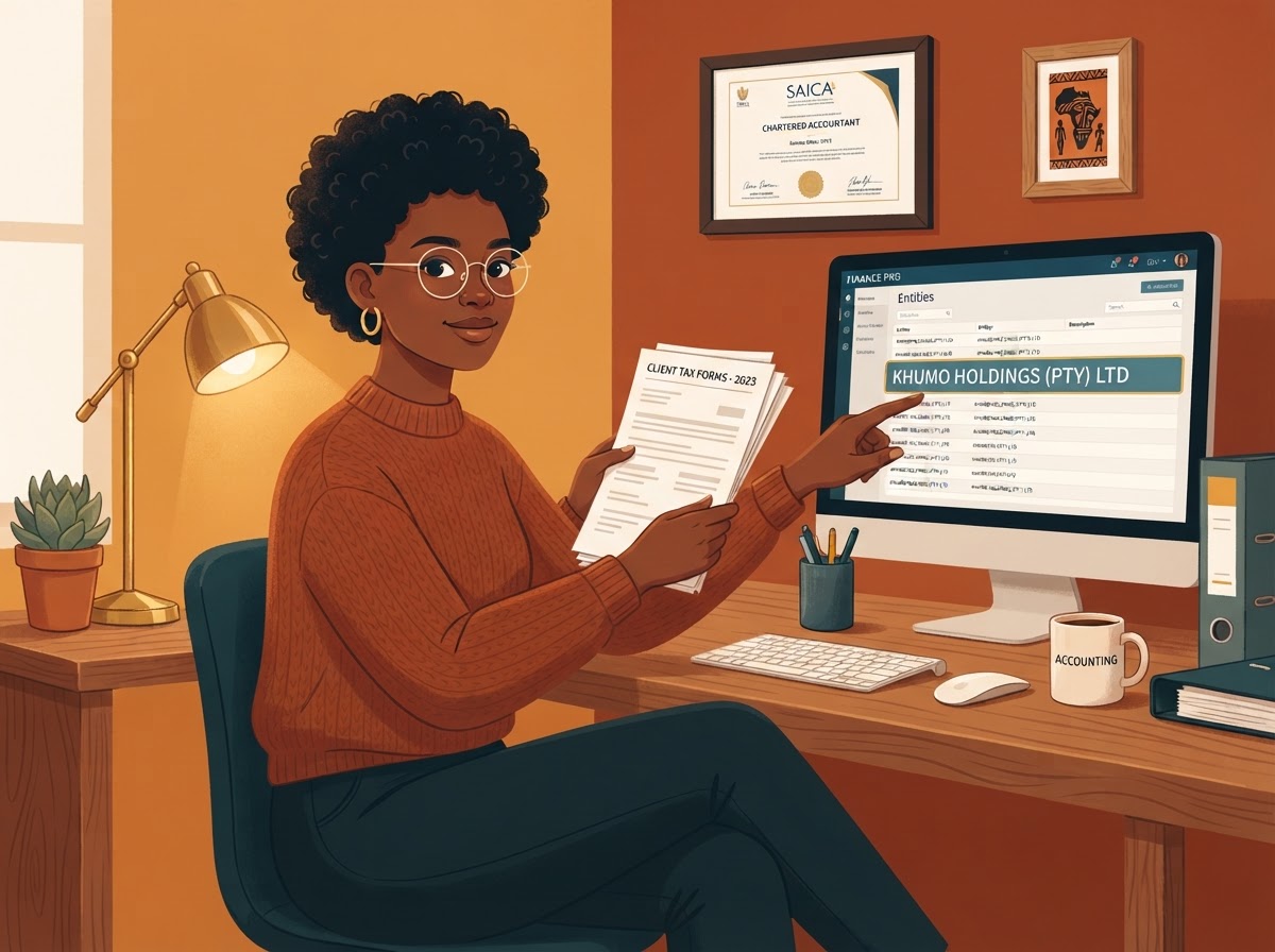 A Black South African woman accountant holding client documents against the right entity
