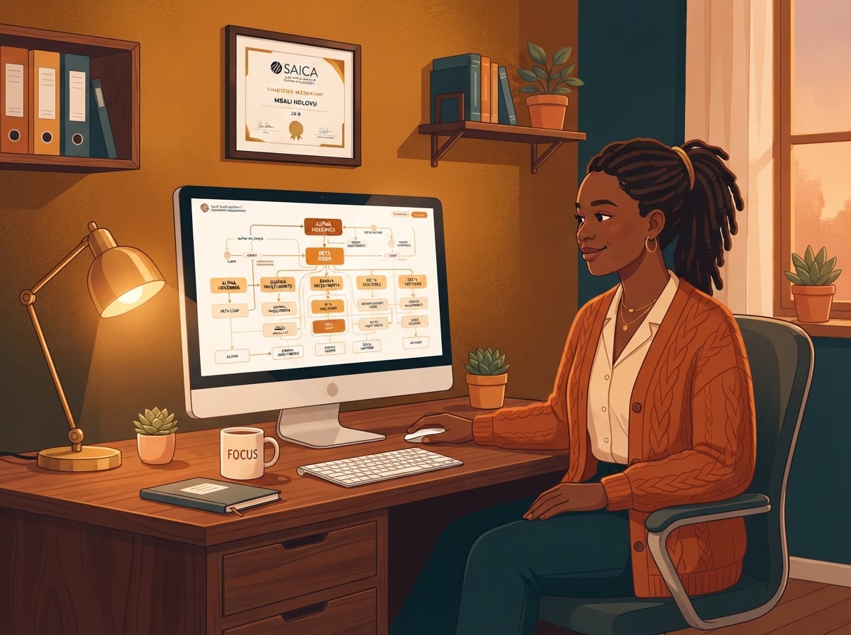 A mixed-race South African woman accountant viewing the relationships between client entities