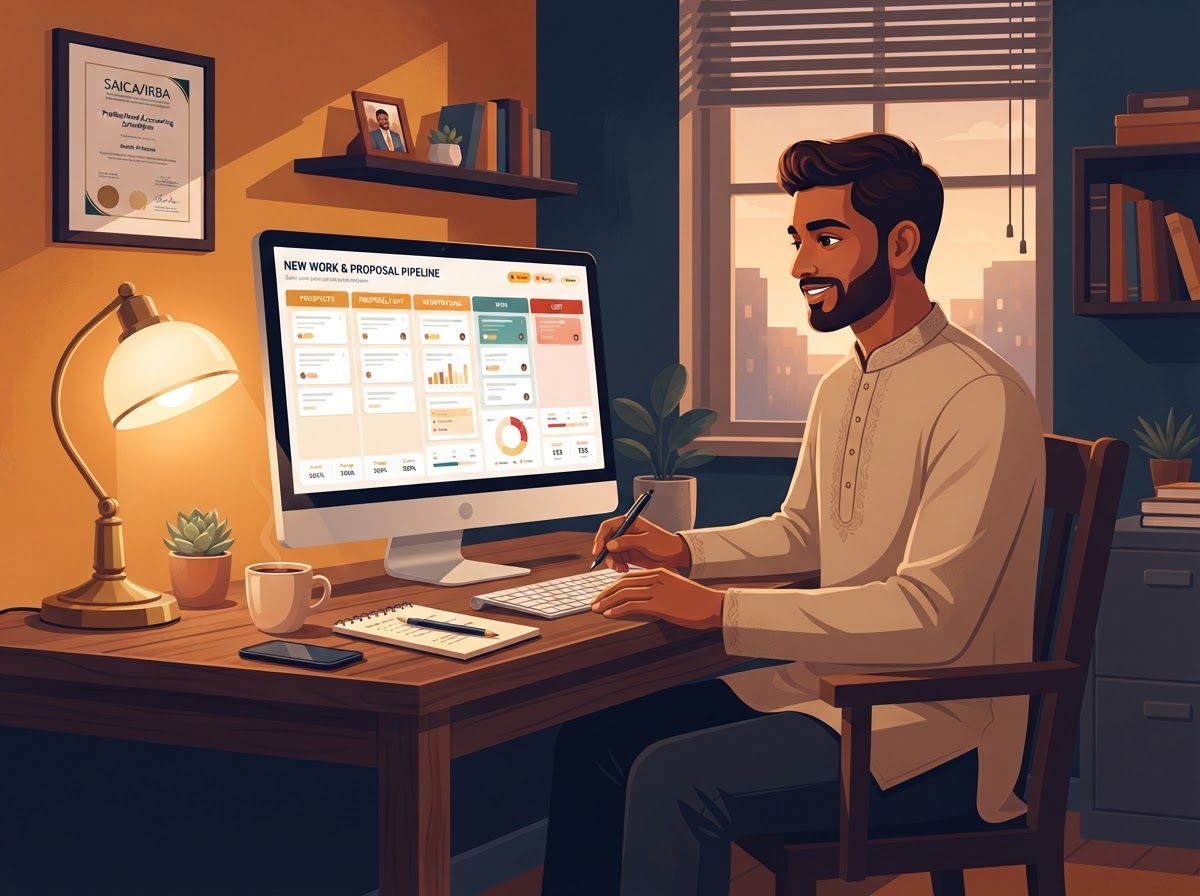 An Indian South African man accountant tracking proposals and new work in a pipeline