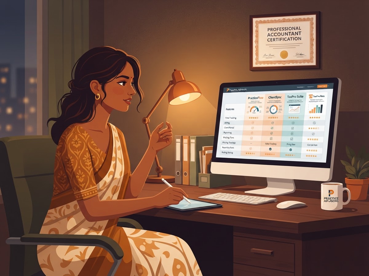 An Indian South African woman accountant reviewing a comparison chart of practice management software options