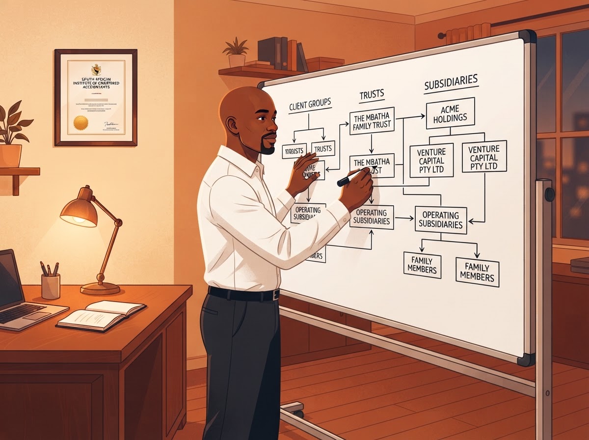 A Black South African man accountant drawing an organizational chart of client groups, trusts and subsidiaries on a whiteboard
