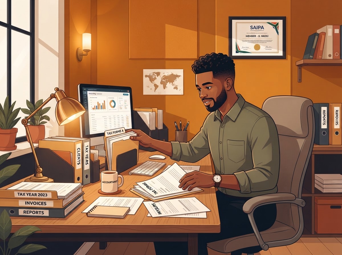 A mixed-race South African man accountant organising client documents and templates