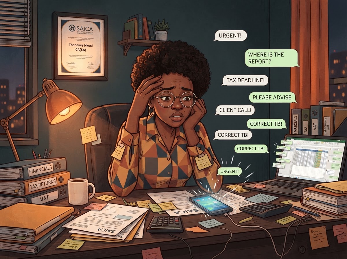 A South African accountant overwhelmed by endless WhatsApp chat notifications and sticky notes