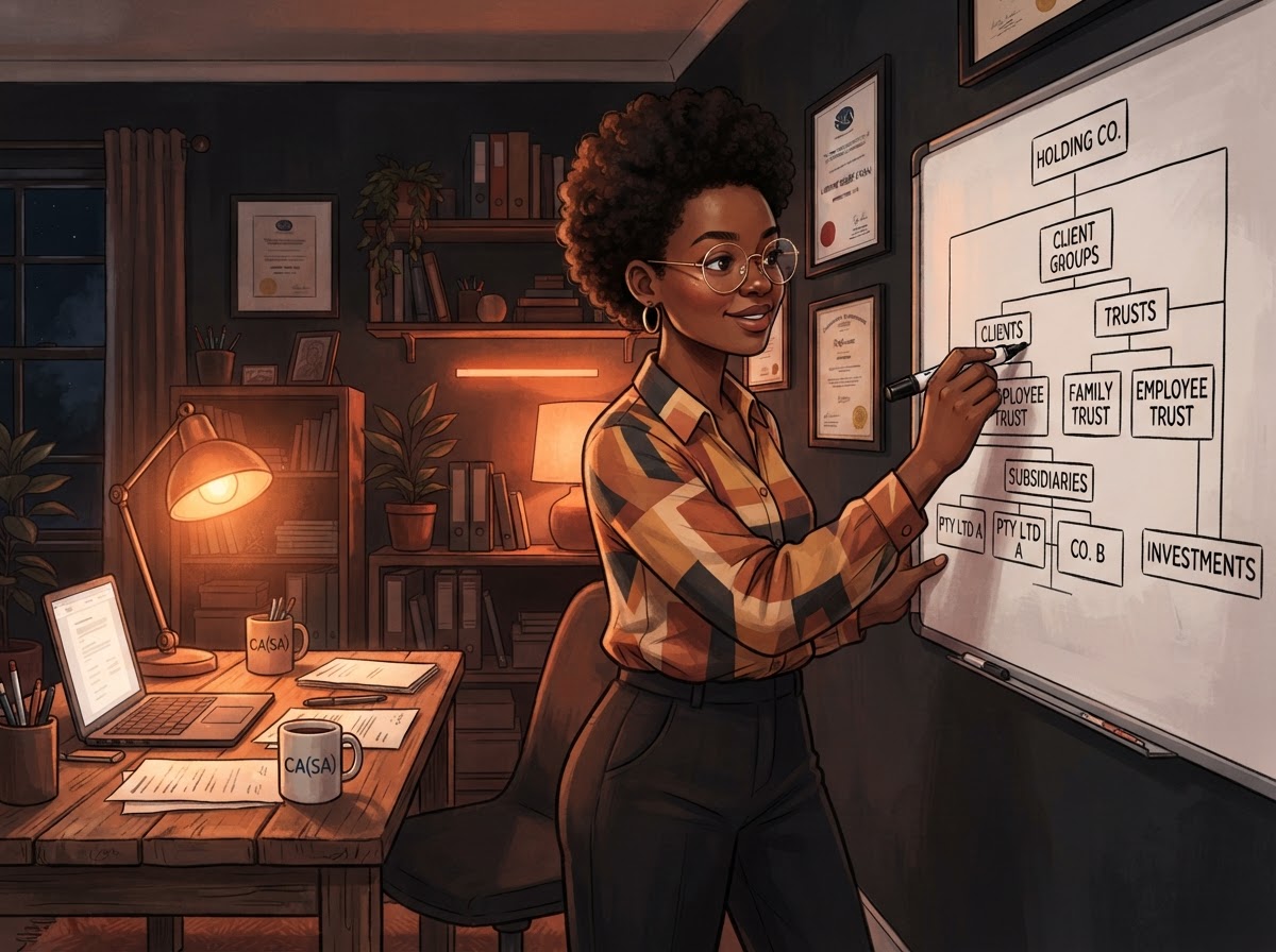 A South African accountant drawing an organizational chart of client groups, trusts and subsidiaries on a whiteboard