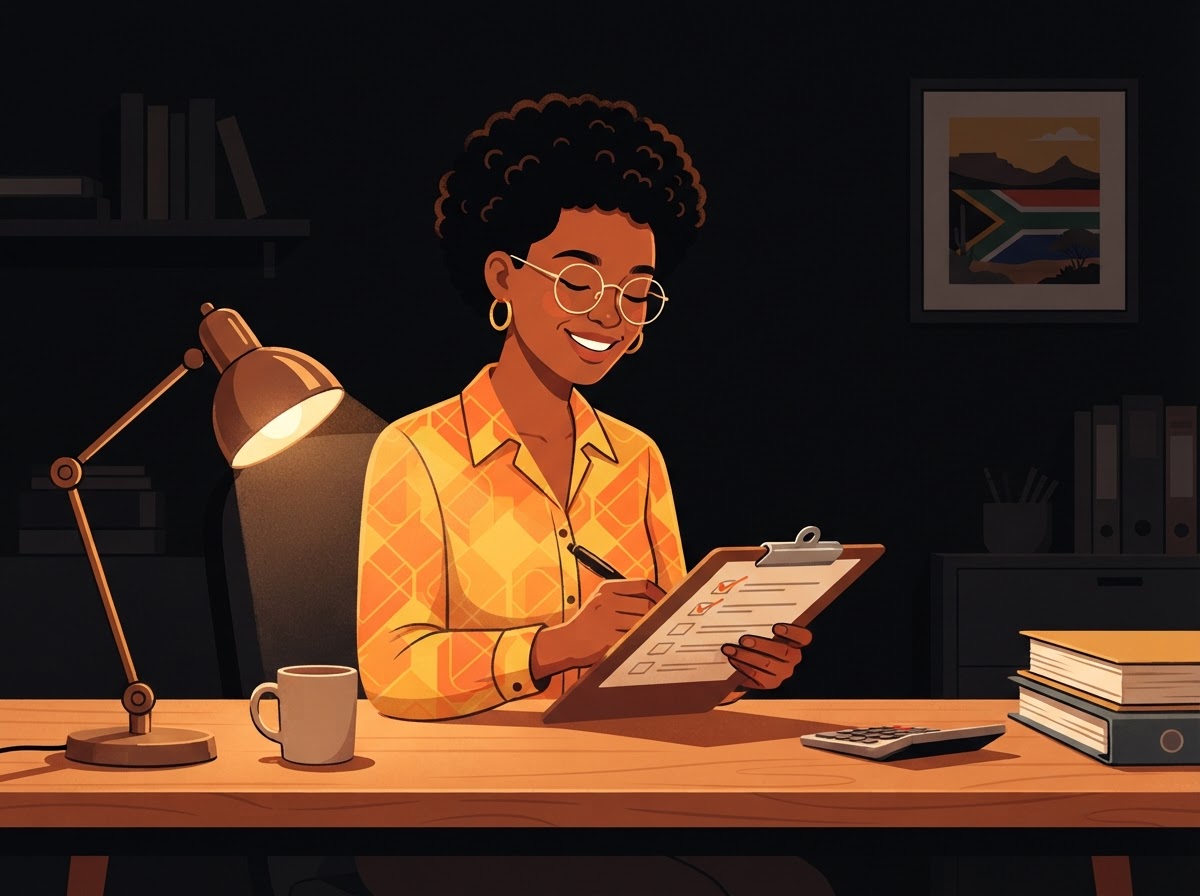 A South African accountant looking relaxed and unbothered in her office