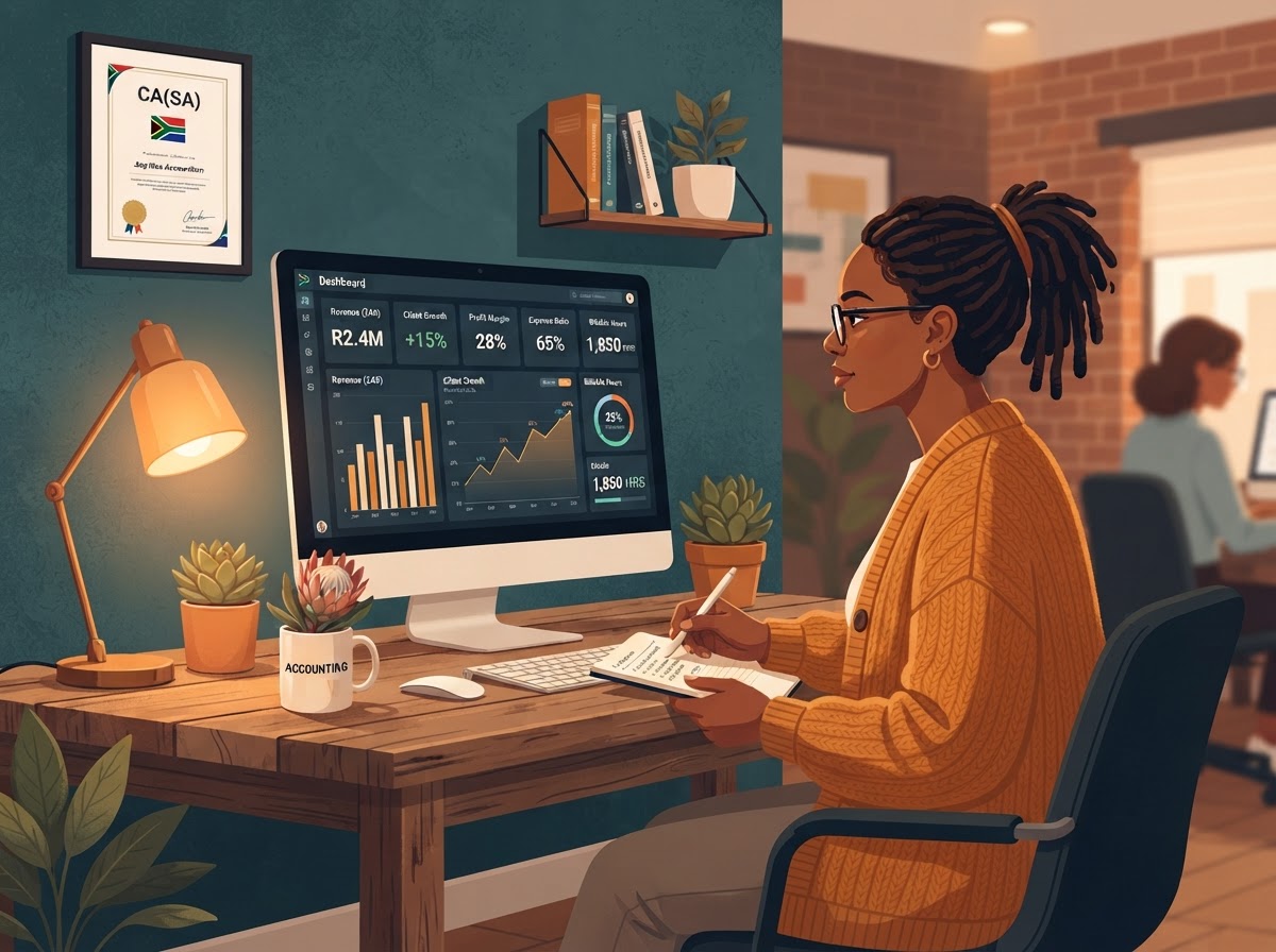 A mixed-race South African woman accountant reviewing a dashboard with five key practice numbers and KPIs