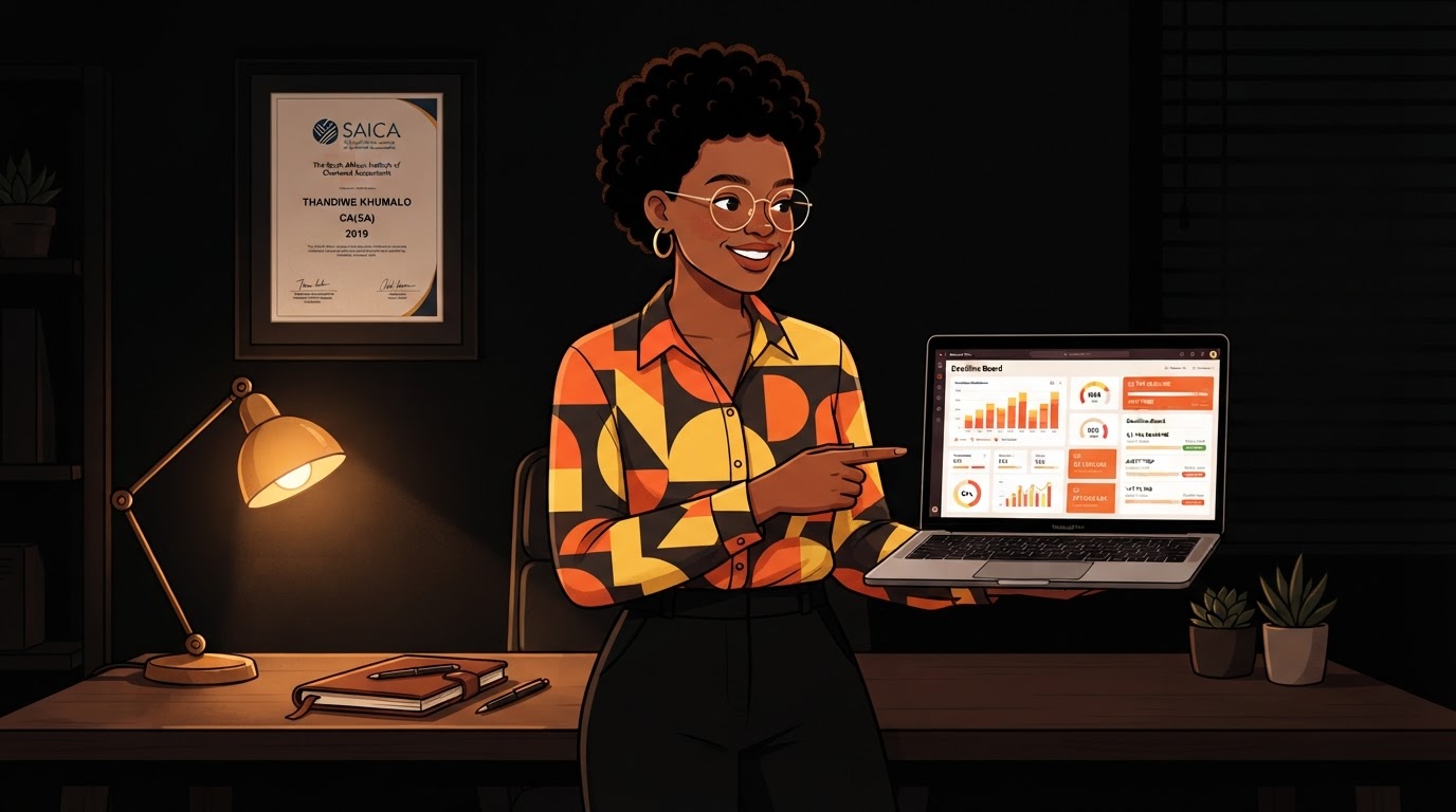 A South African accountant reviewing dashboards and deadlines on a laptop