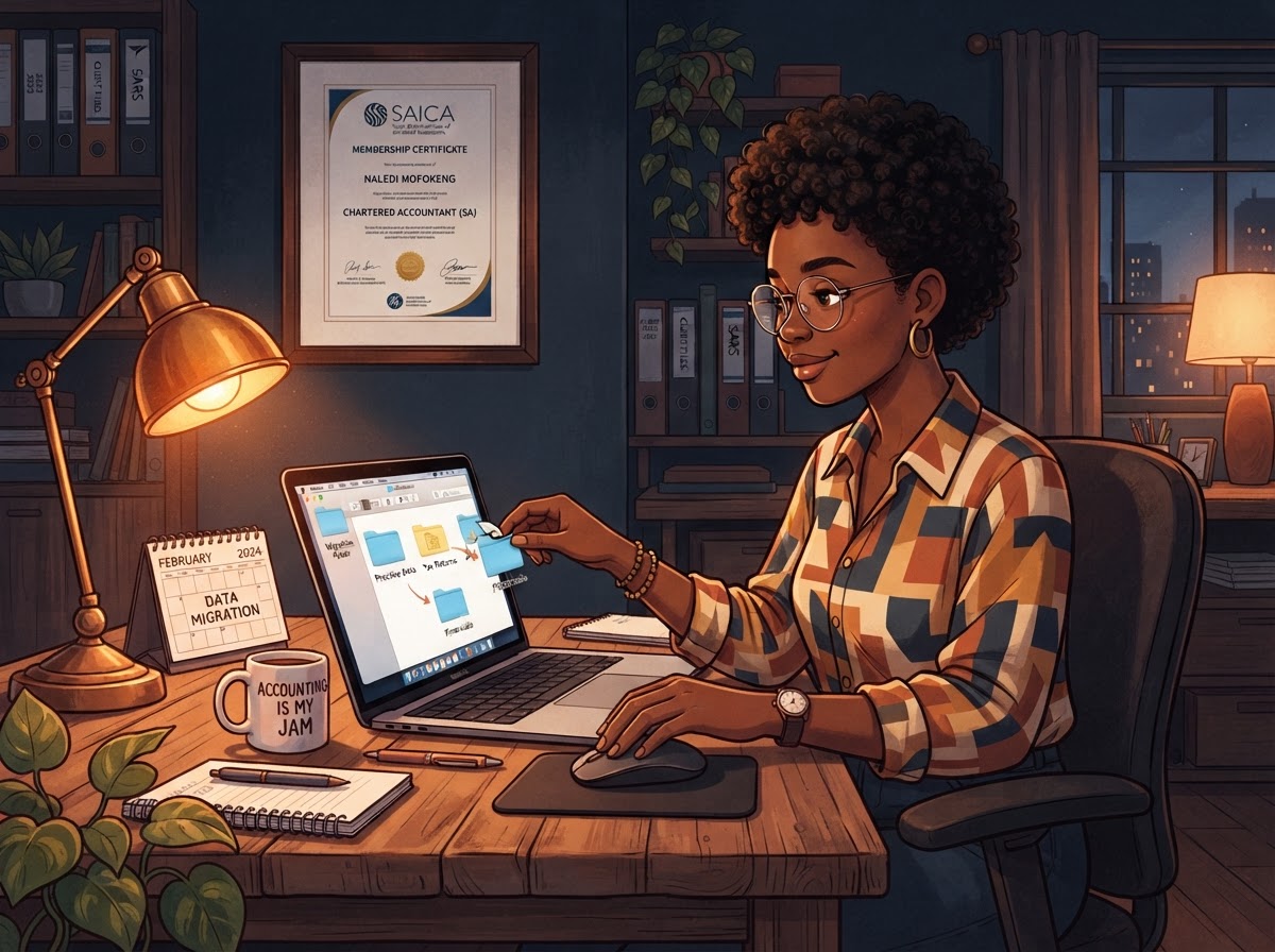 A South African accountant migrating practice data onto new software with a February calendar visible