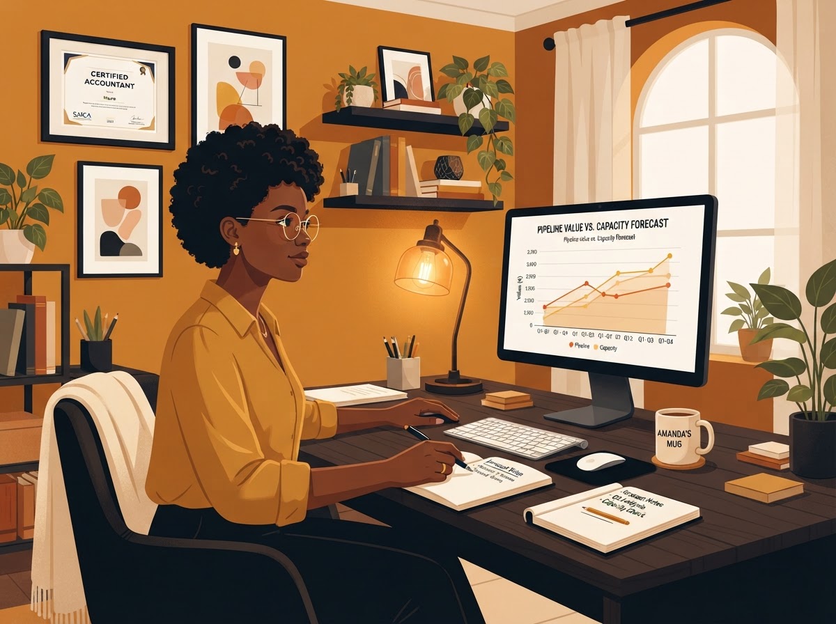 A Black South African woman accountant forecasting pipeline value against capacity