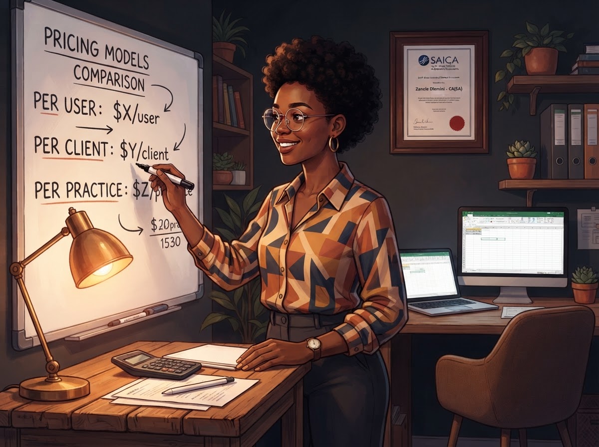A South African accountant comparing pricing models on a whiteboard with a calculator