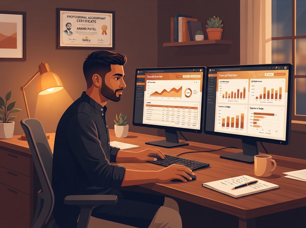 An Indian South African man accountant comparing two software dashboards side by side on dual monitors