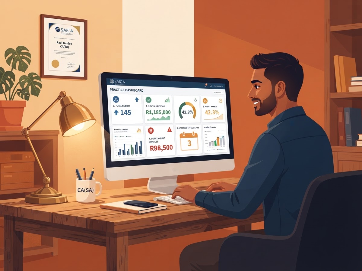 An Indian South African man accountant seeing the whole practice on one dashboard screen