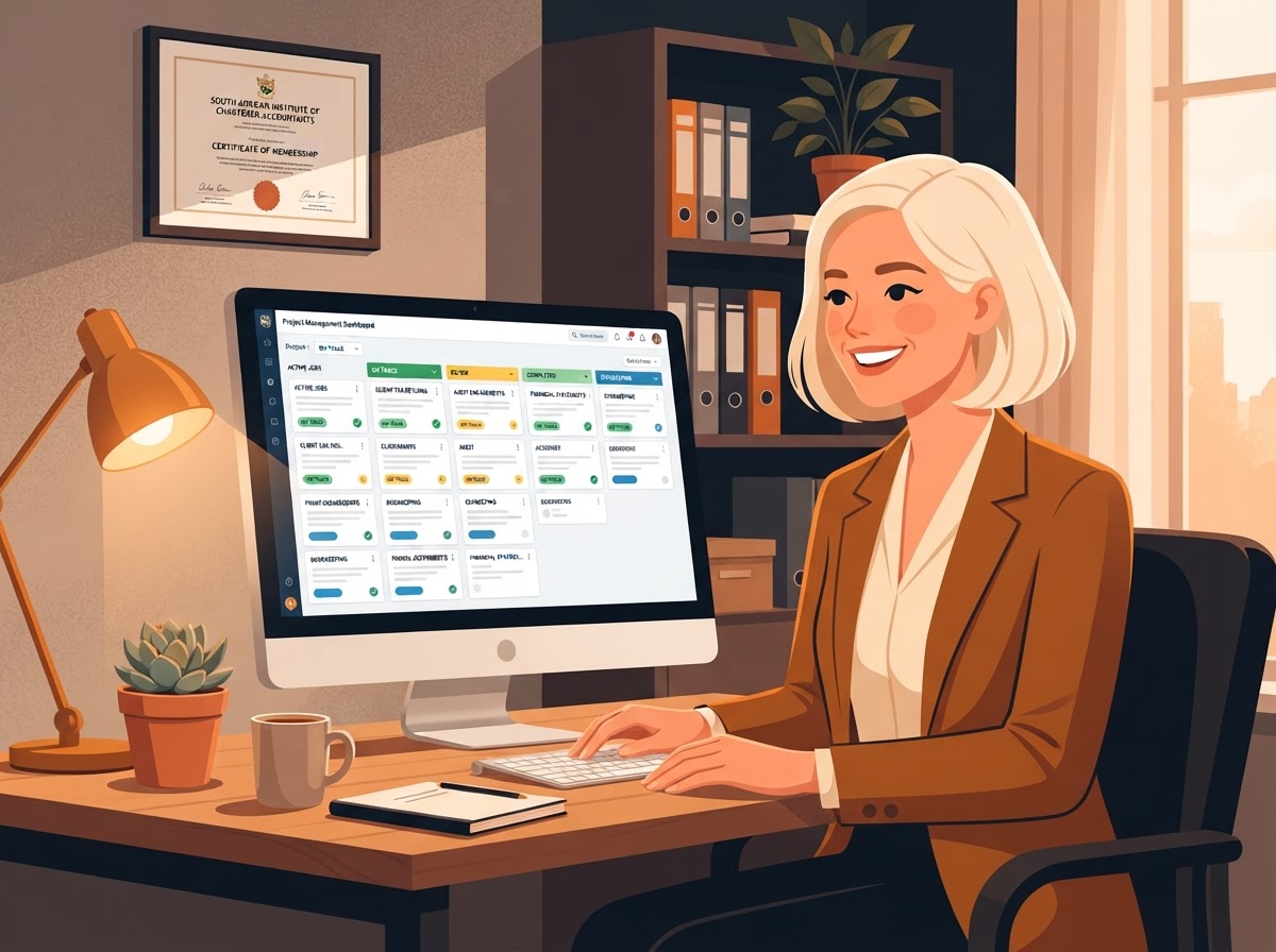 A White South African woman accountant viewing every job in the practice on one screen