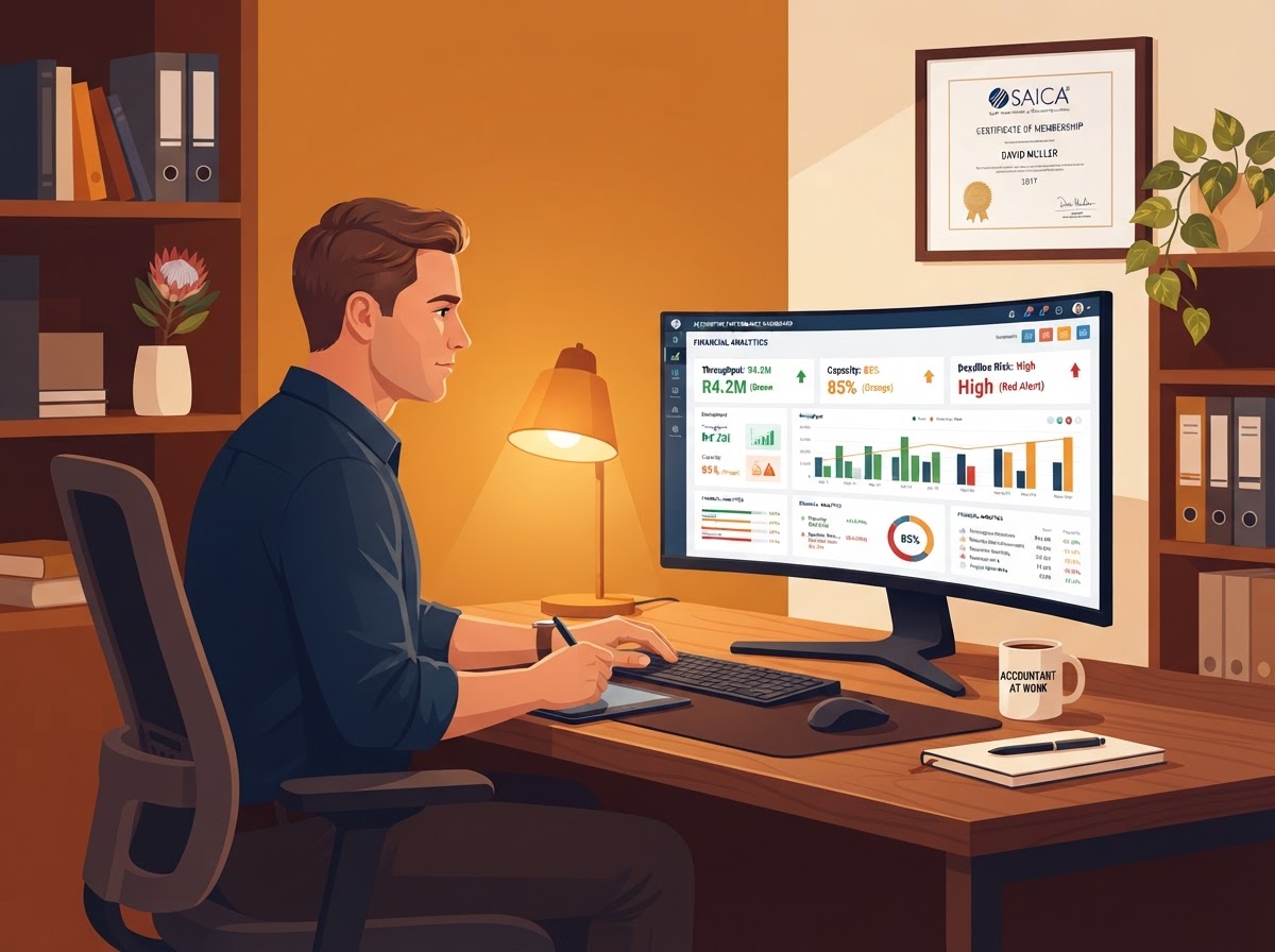 A White South African man accountant reviewing throughput, capacity and deadline risk on a dashboard