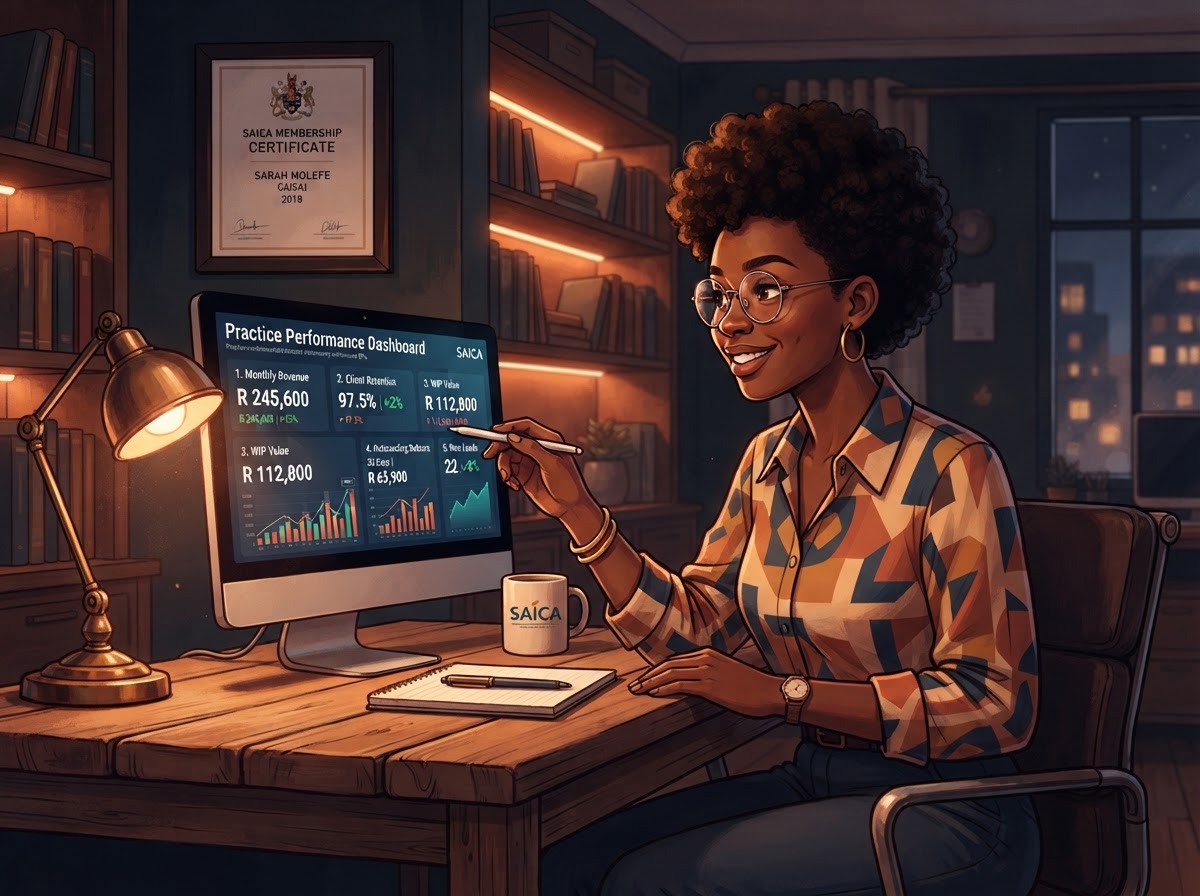 A South African accountant reviewing a dashboard with five key practice numbers and KPIs