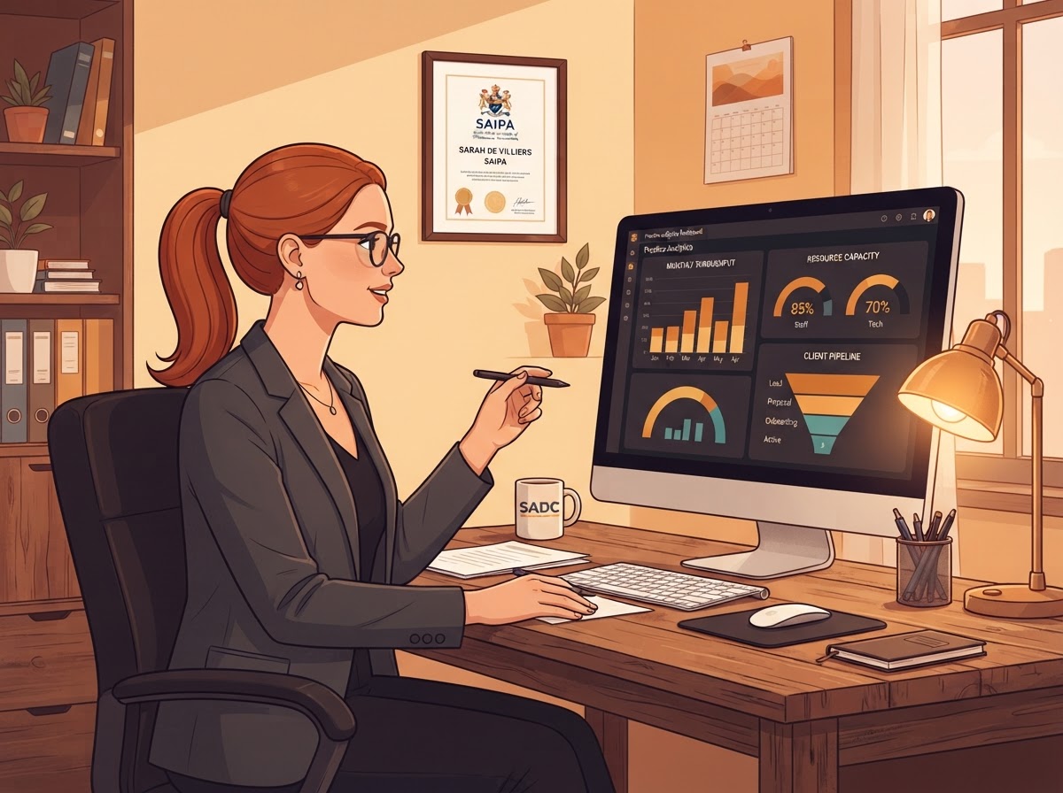 A White South African woman accountant reviewing throughput, capacity and pipeline on a dashboard