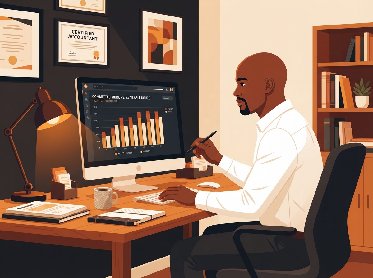 A Black South African man accountant forecasting committed work against available hours