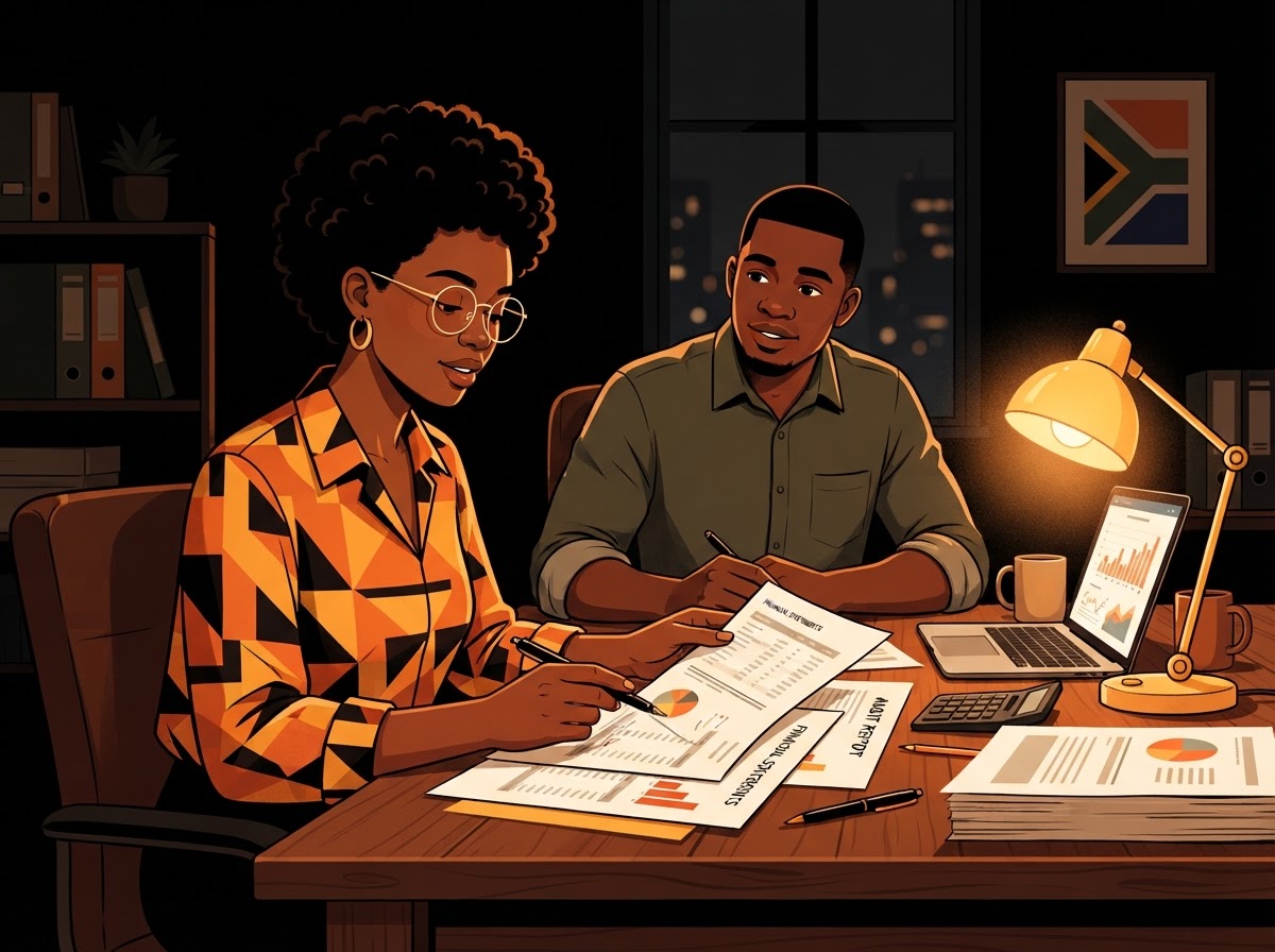 Two South African business partners reviewing financial documents together