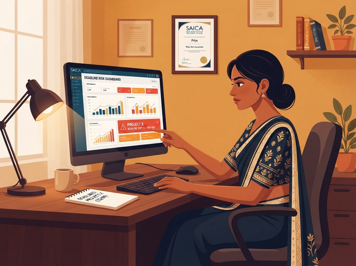 An Indian South African woman accountant spotting deadline risk before it becomes a missed deadline