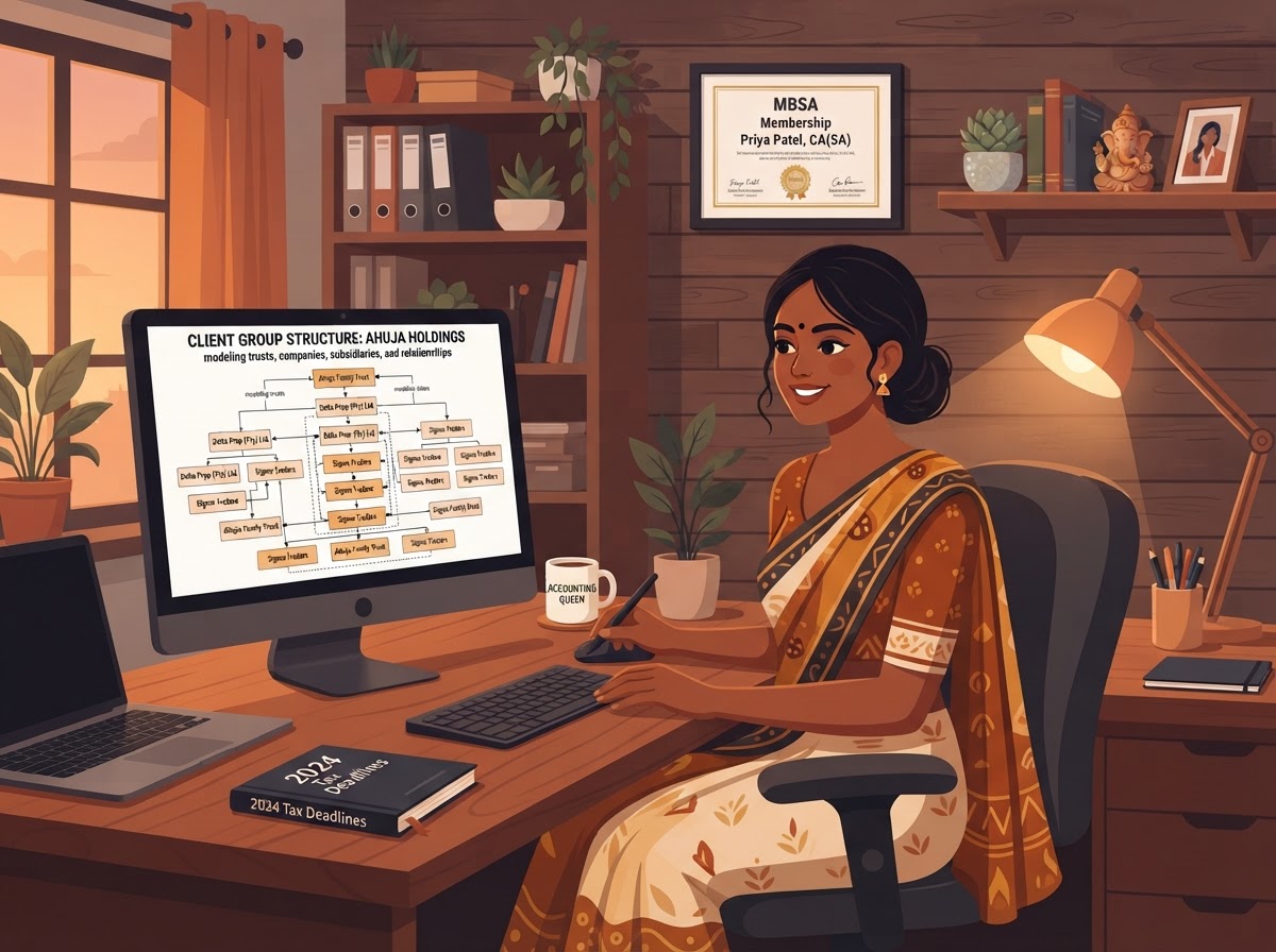 An Indian South African woman accountant modelling a client group with trusts and subsidiaries