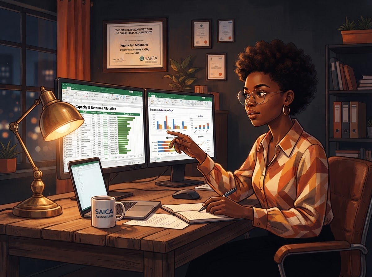 A South African accountant planning team capacity with a workload spreadsheet and resource allocation chart