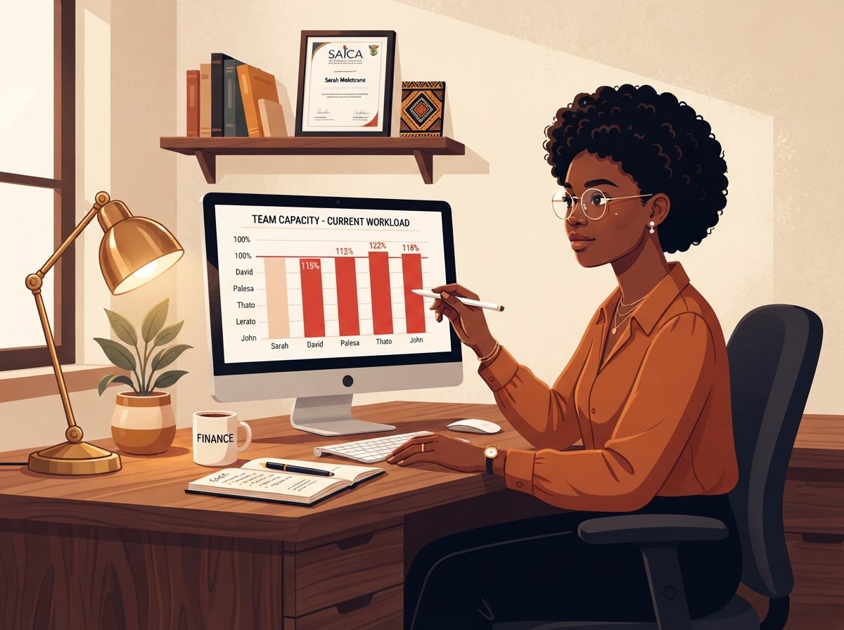 A Black South African woman accountant reviewing a team capacity chart showing overloaded staff
