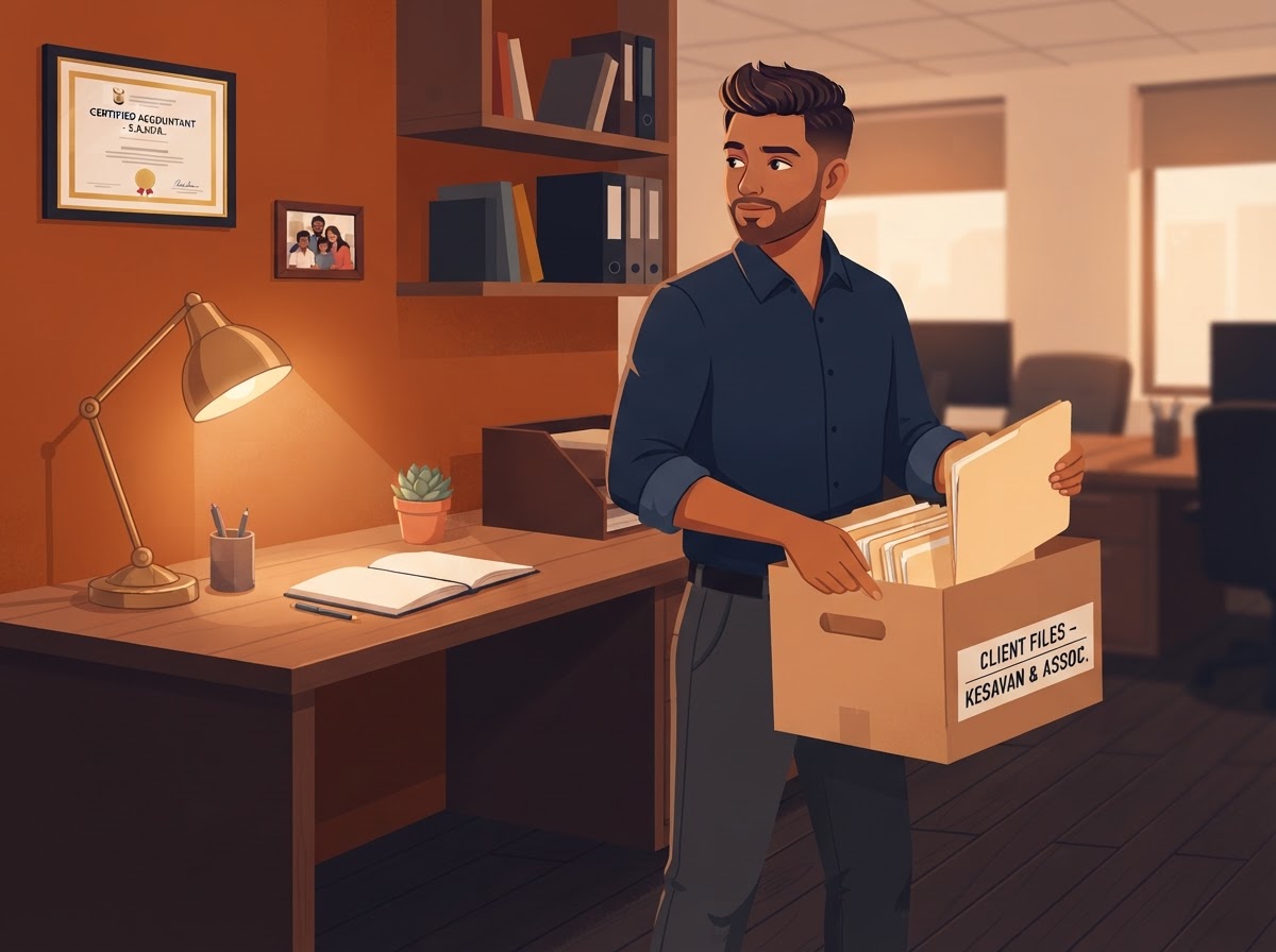 An Indian South African man accountant packing a box of client files as he leaves the practice