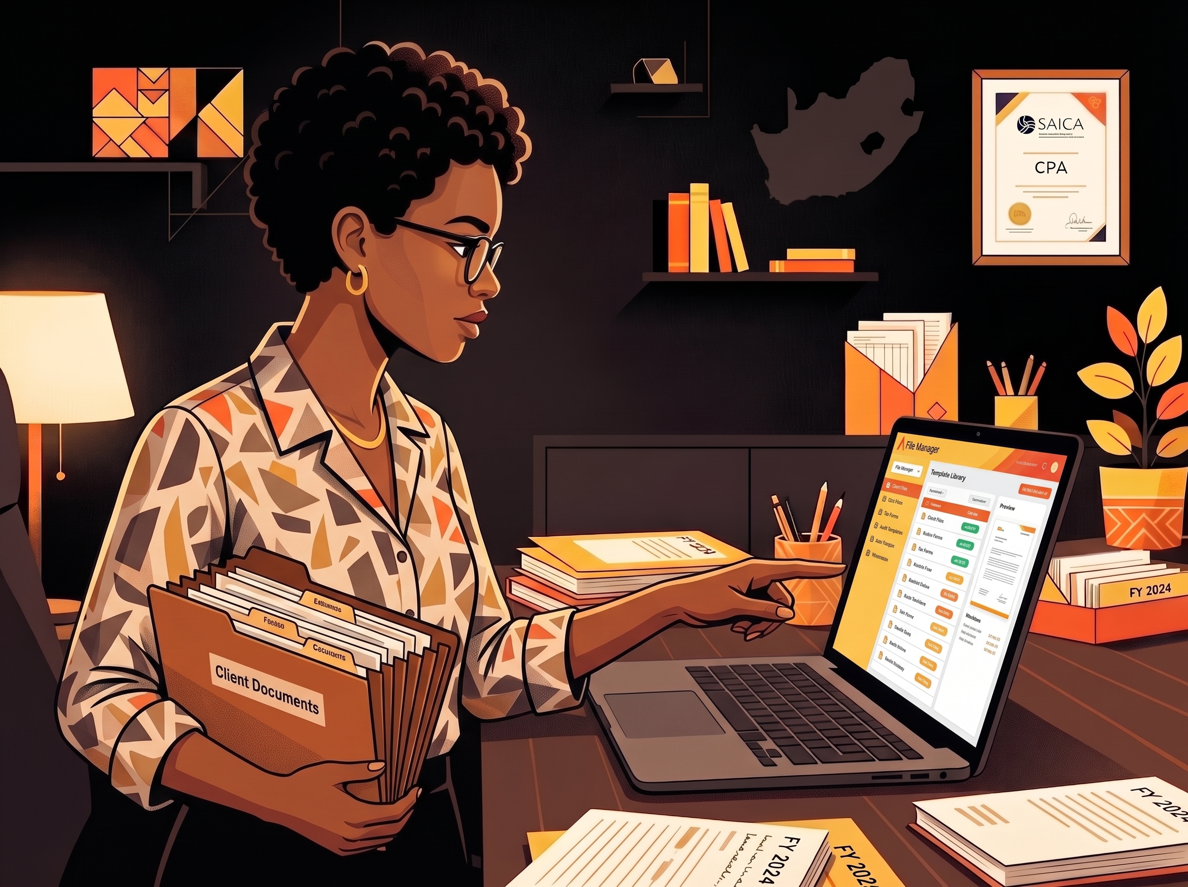 A South African accountant neatly organizing labeled client document folders on her desk