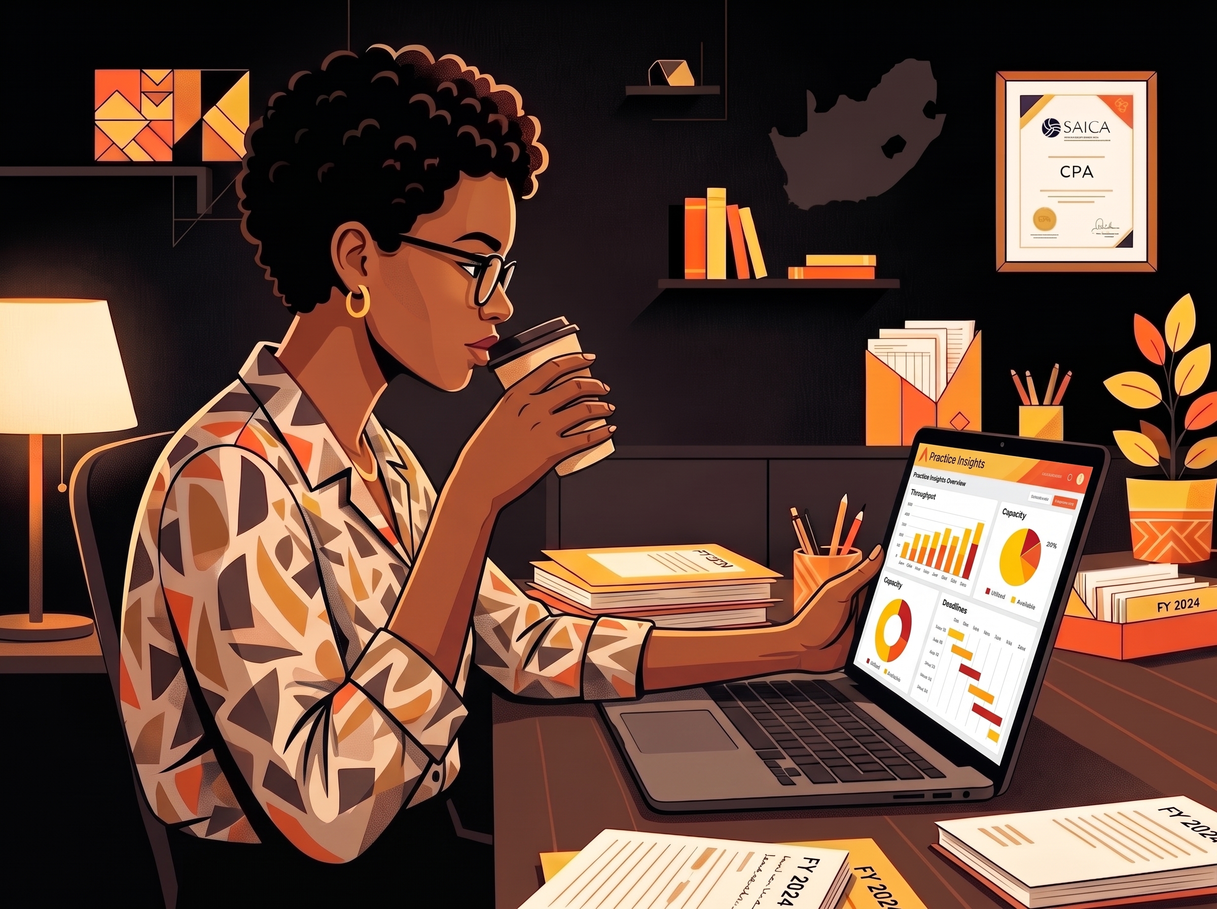 A South African accountant reviewing a practice analytics dashboard with charts and KPIs
