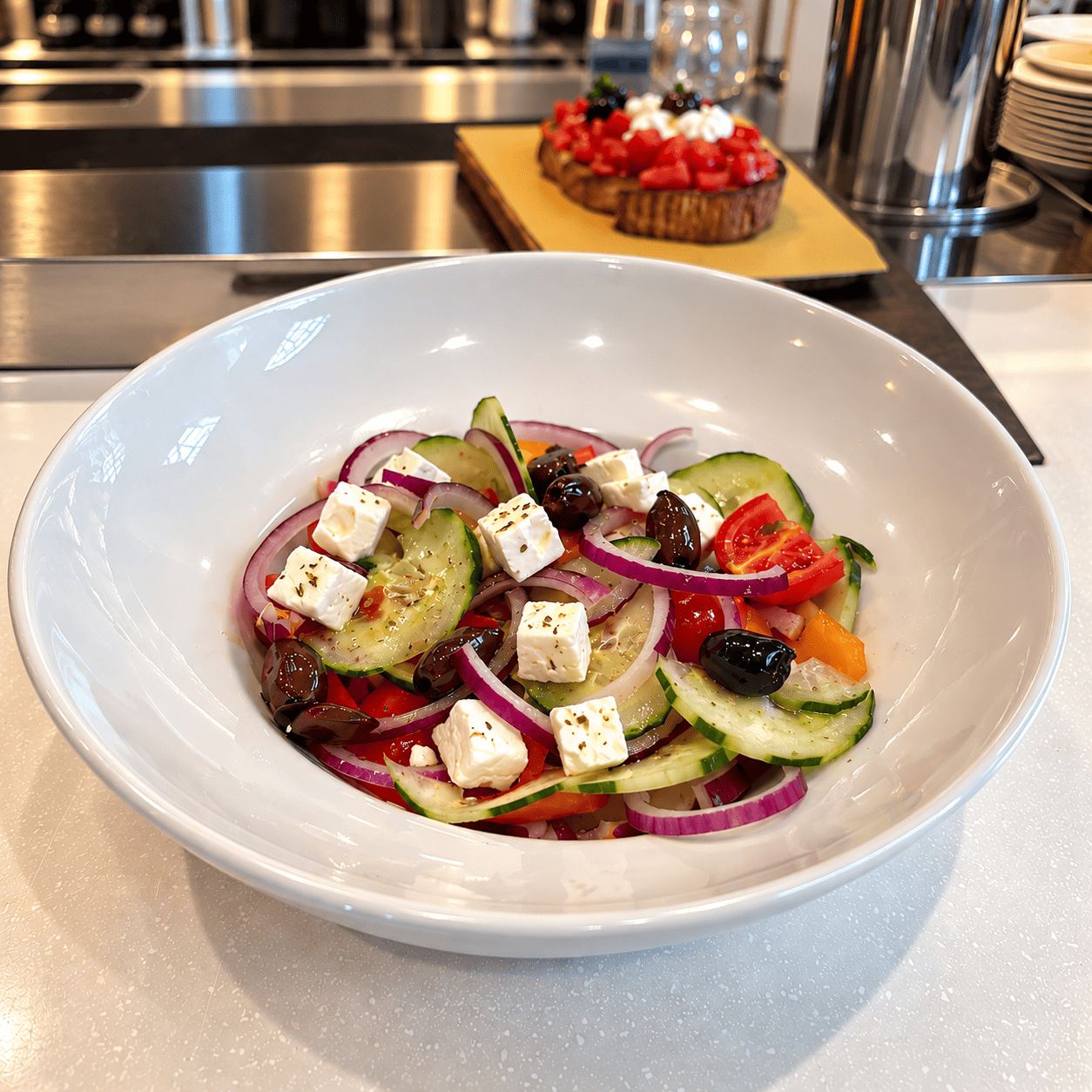 Insalata fresca mediterranea e bruschetta preparata fresca