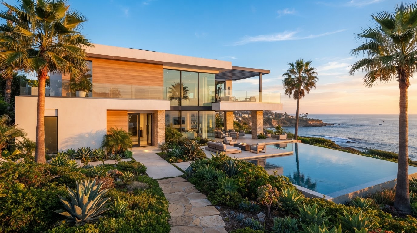 Luxury La Jolla coastal home with smooth white stucco exterior