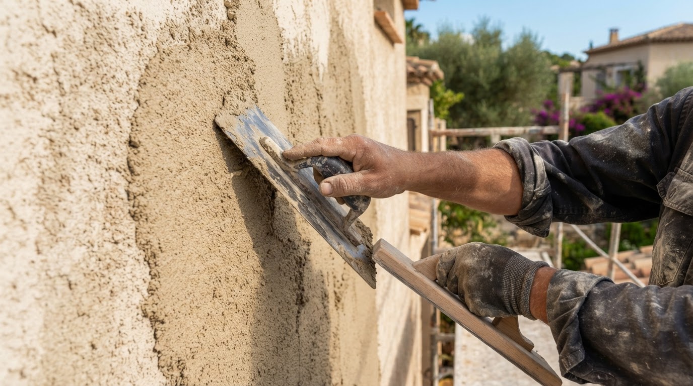 Plasterer applying float-finish stucco texture