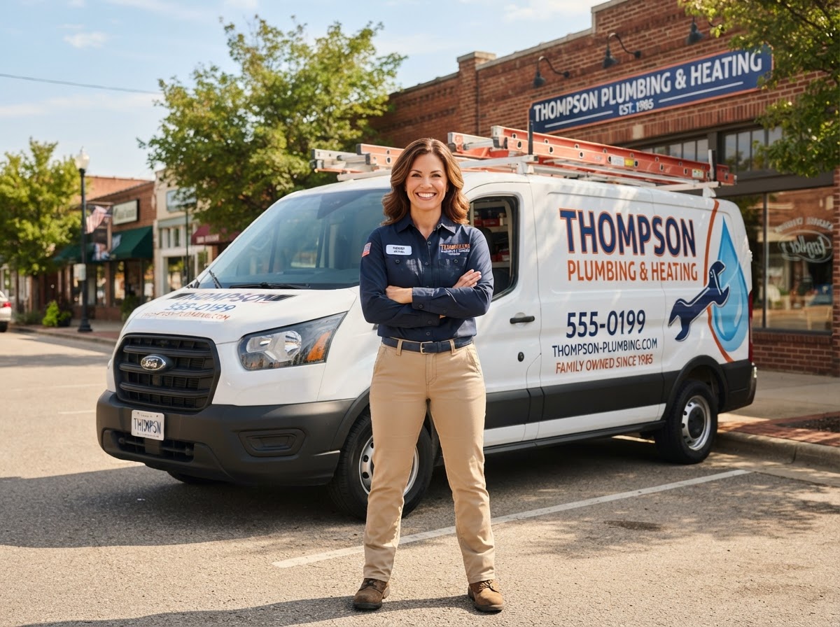 Confident local business owner standing proudly in front of service van after growing Google reviews