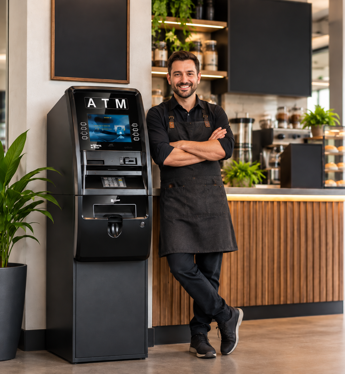 Merchant standing next to modern ATM at business location
