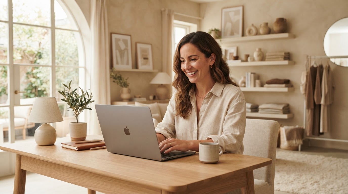 A boutique business owner building her website in a warm, sunlit studio