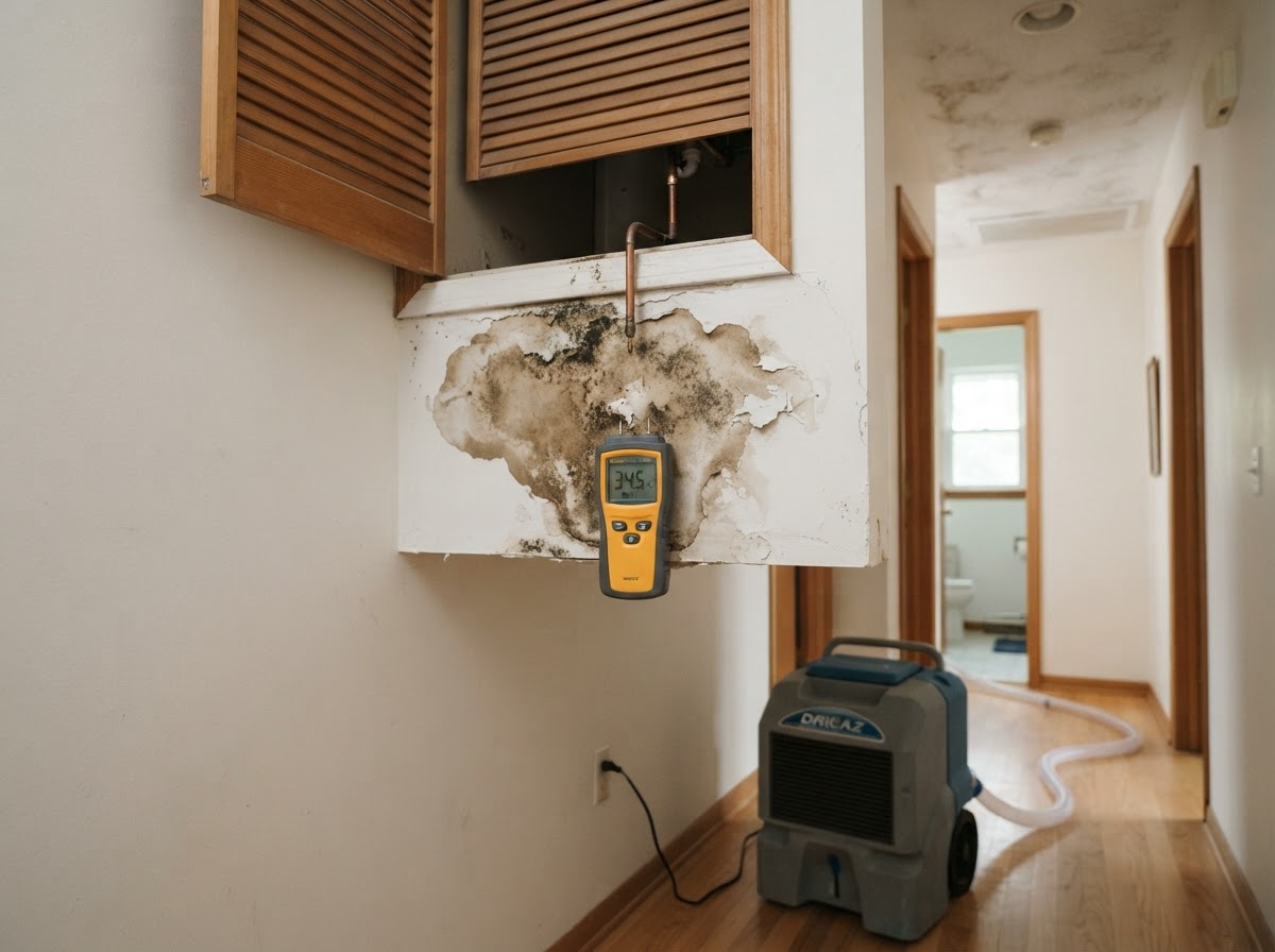 AC condensate drain line overflow water damage cleanup in Leander Texas