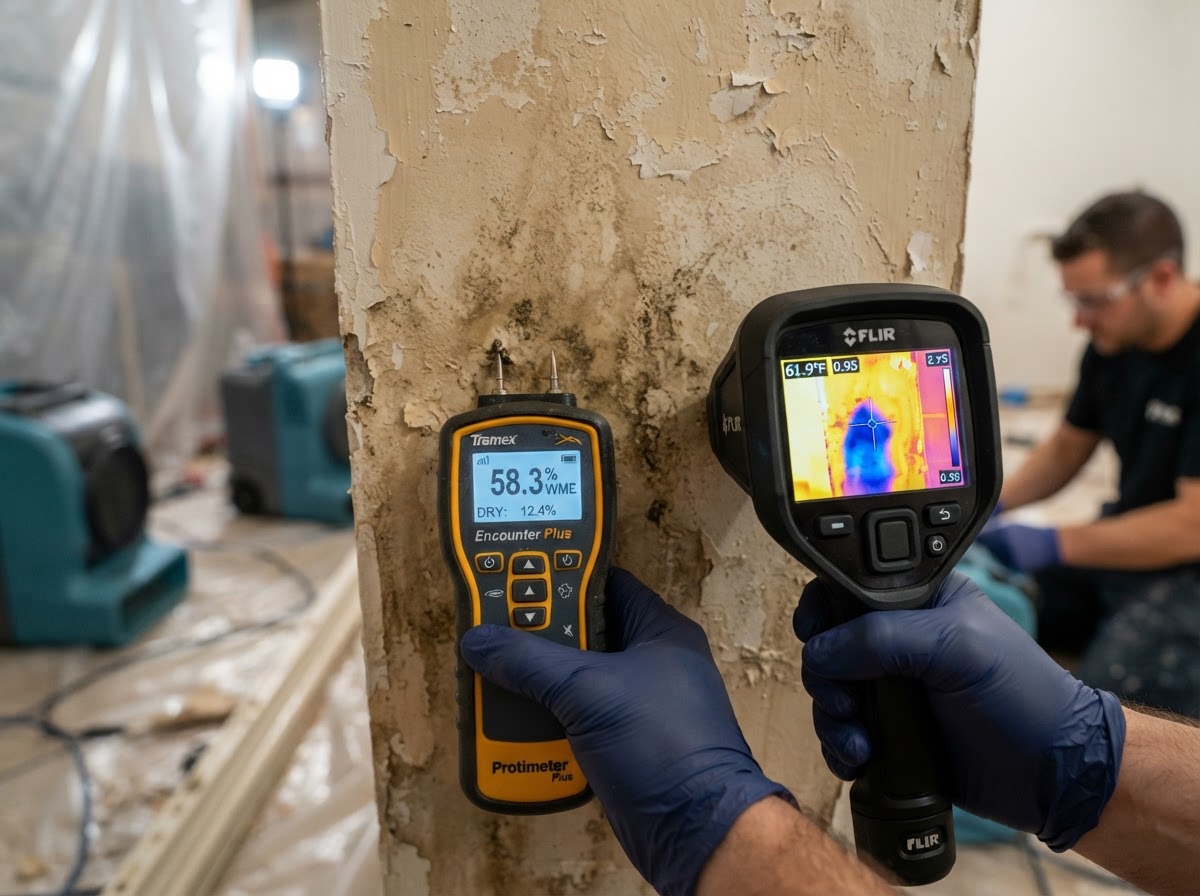 Close up photo of professional moisture meter and thermal moisture detection equipment placed against water-damaged residential drywall